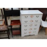 A MODERN WHITE CHEST OF FIVE DRAWERS, 28" WIDE, AND A TELEPHONE TABLE