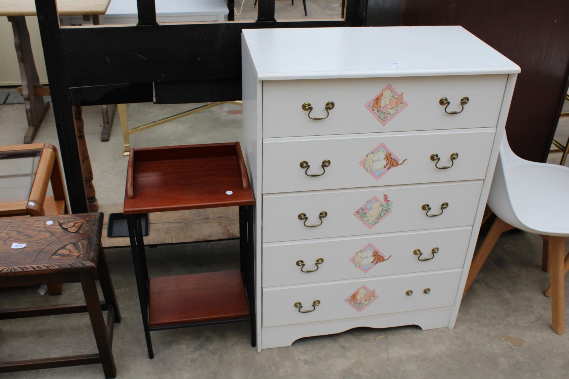 A MODERN WHITE CHEST OF FIVE DRAWERS, 28" WIDE, AND A TELEPHONE TABLE