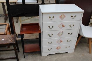 A MODERN WHITE CHEST OF FIVE DRAWERS, 28" WIDE, AND A TELEPHONE TABLE