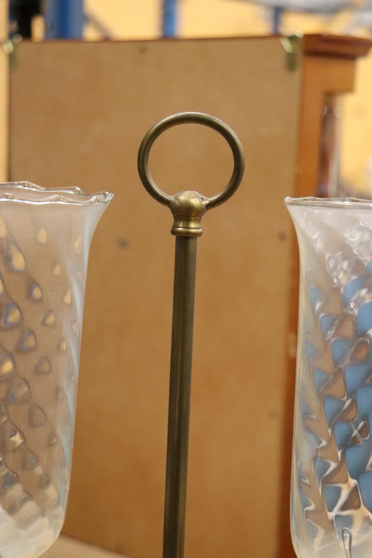 A BRASS TWO-ARM STUDENT CANDLE LAMP WITH HURRICANE SHADES - Image 5 of 5