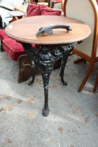 A CAST IRON BRITANNIA PUB TABLE, 25" DIAMETER (A/F)