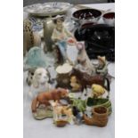 A COLLECTION OF CERAMIC ANIMALS AND FIGURES TO INCLUDE A SYLVAC DOG WITH SLIPPER, CONTINENTAL