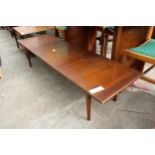 A RETRO TEAK COFFEE TABLE ON TAPERING LEGS, 60" X 18"