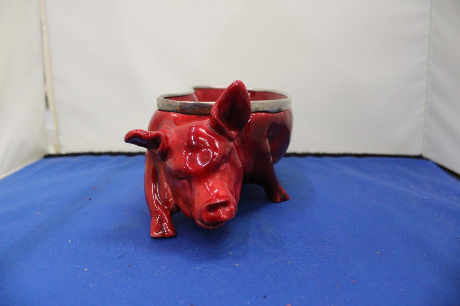 A DOULTON FLAMBE PIG WITH A HALLMARKED BIRMINGHAM SILVER RIM - Image 2 of 6