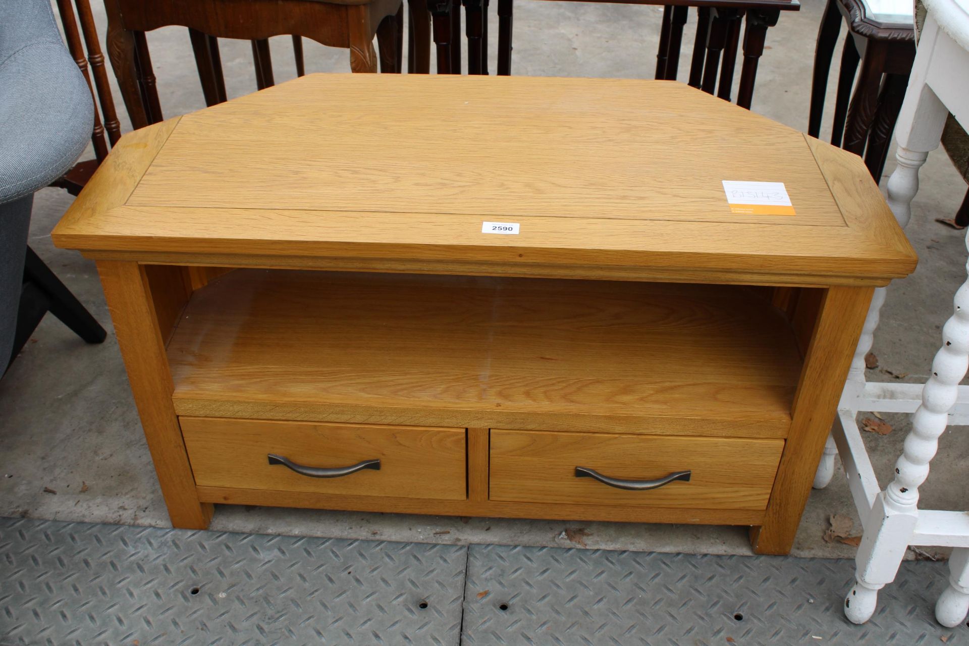 AN OAK CORNER CABINET WITH TWO DRAWERS, 36" WIDE