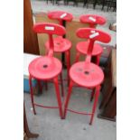 FOUR BRIGHT RED METALWARE HIGH BACK STOOLS