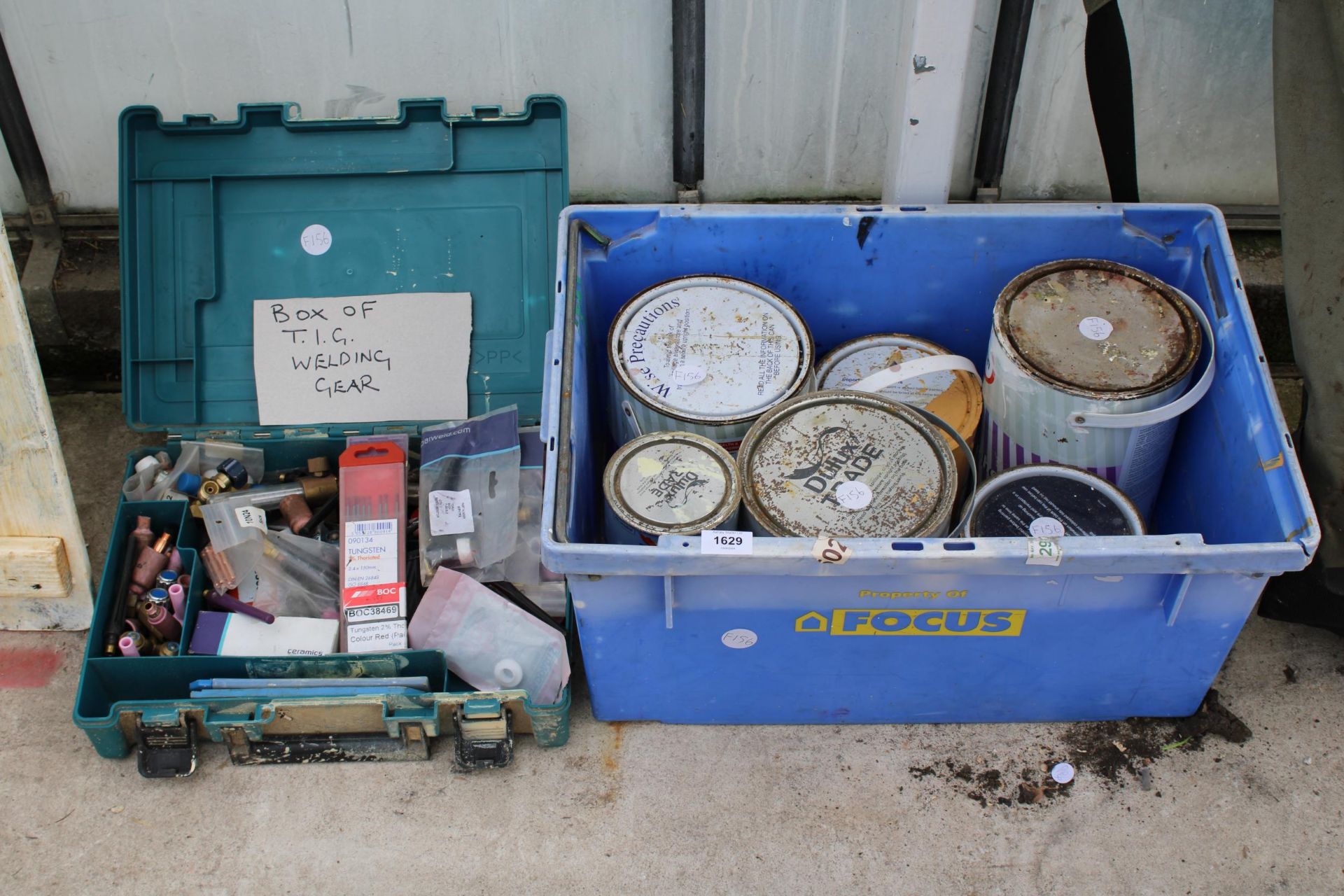 VARIOUS TINS OF PAINT AND A BOX OF T.I.G WELDING GEAR