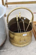 A VINTAGE BRASS COAL BUCKET AND THREE COMPANION ITEMS
