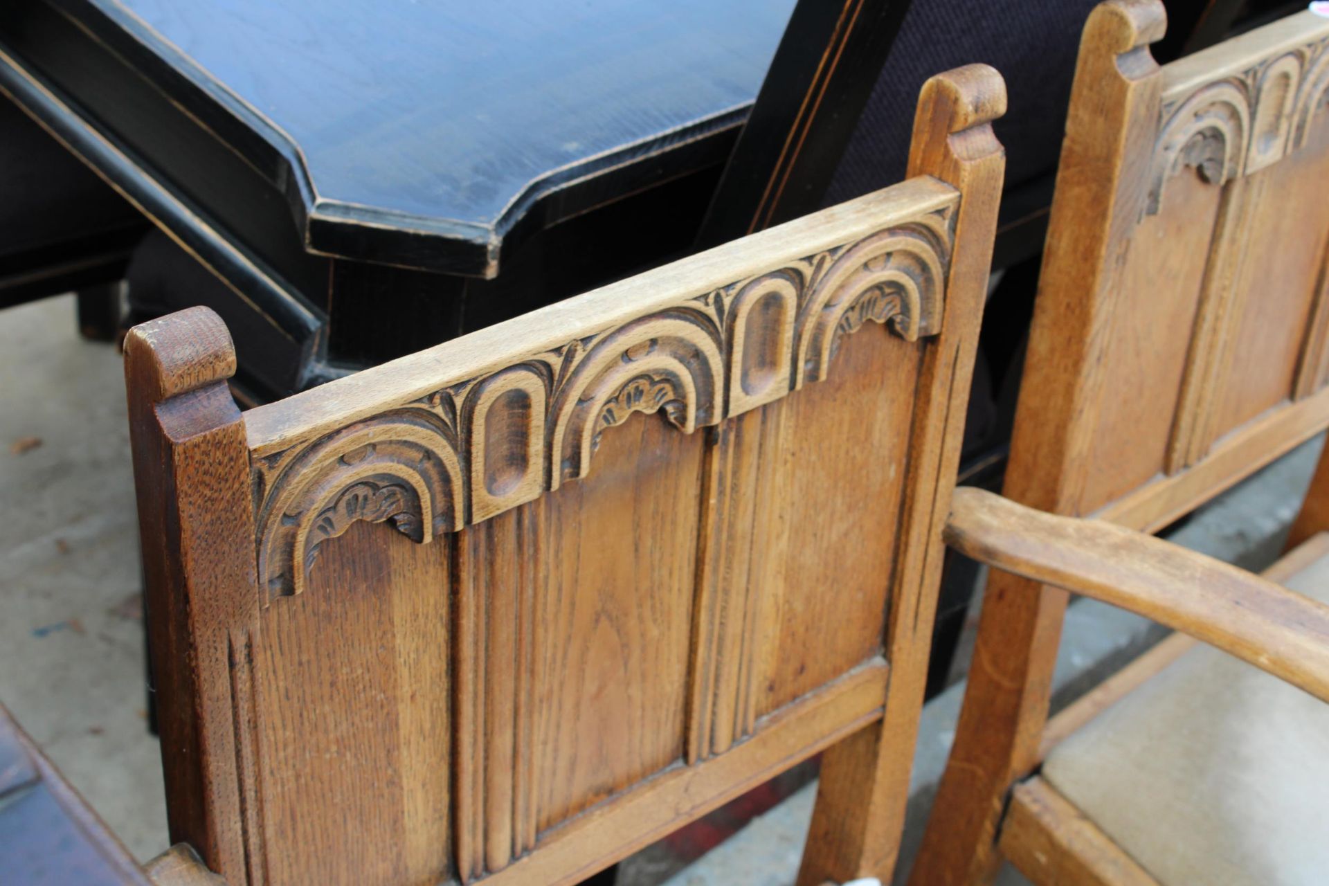 FOUR JAMES PHILLIPS AND SON OAK ARTS AND CRAFTS STYLE CHAIRS TWO BEING CARVERS - Image 5 of 5