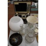 A QUANTITY OF GLASSWARE TO INCLUDE A PERFUME ATOMISER, JUGS, ETC, PLUS A LARGE SPODE 'VELAMOUR' VASE