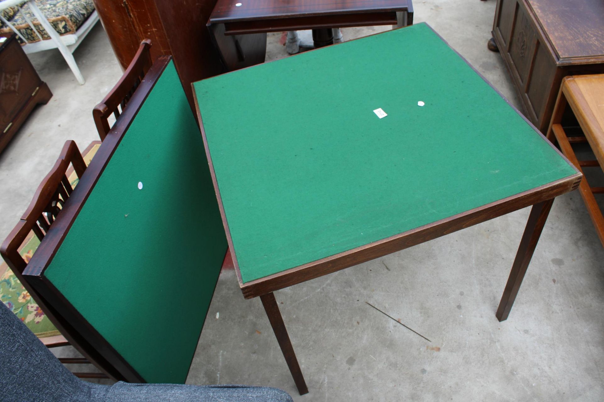 TWO MODERN CARD TABLES WITH FOLDING LEGS