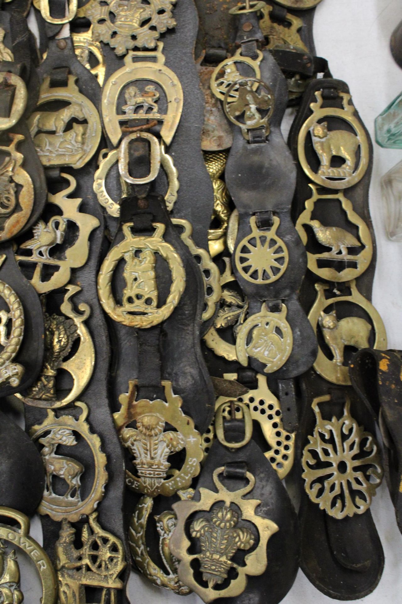 A LARGE COLLECTION OF HORSE BRASSES ON LEATHER STRAPS - Image 4 of 6