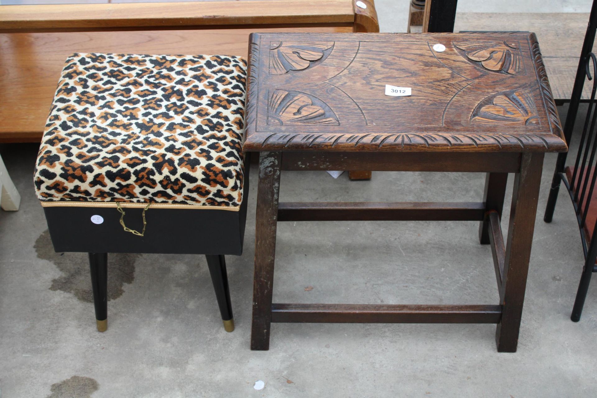 A JACOBEAN STYLE OAK STOOL AND MODERN STOOL / BOX