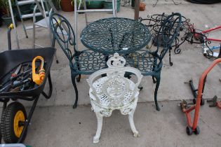 A METAL BISTRO TABLE AND TWO CHAIRS AND A FURTHER CAST ALLOY BISTRO CHAIR