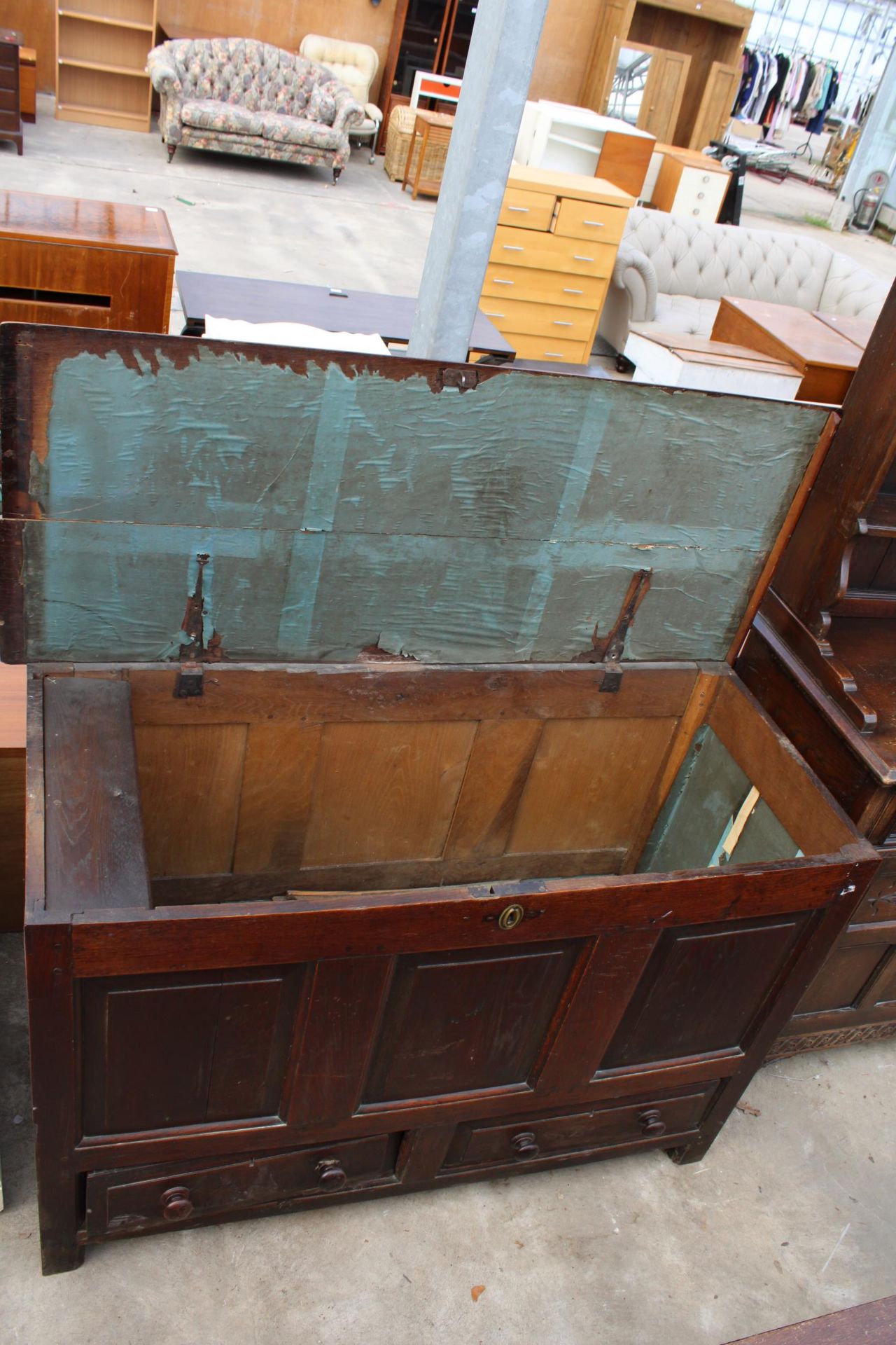 A GEORGE II OAK LANCASHIRE CHEST WITH TWO DRAWERS TO BASE AND A THREE PANEL FRONT 52" WIDE - Image 2 of 3