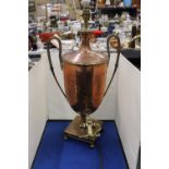 A BRASS AND COPPER SAMOVAR CONVERTED TO A LAMP