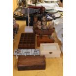 A QUANTITY OF TREEN TO INCLUDE A MODEL CABLE CAR FROM SAN FRANCISCO IN BOX,, MODEL OF A SHIP,