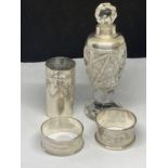 FOUR HALLMARKED SILVER ITEMS TO INCLUDE THREE BIRMINGHAM AND ONE CHESTER COMPRISING OF A GLASS SCENT