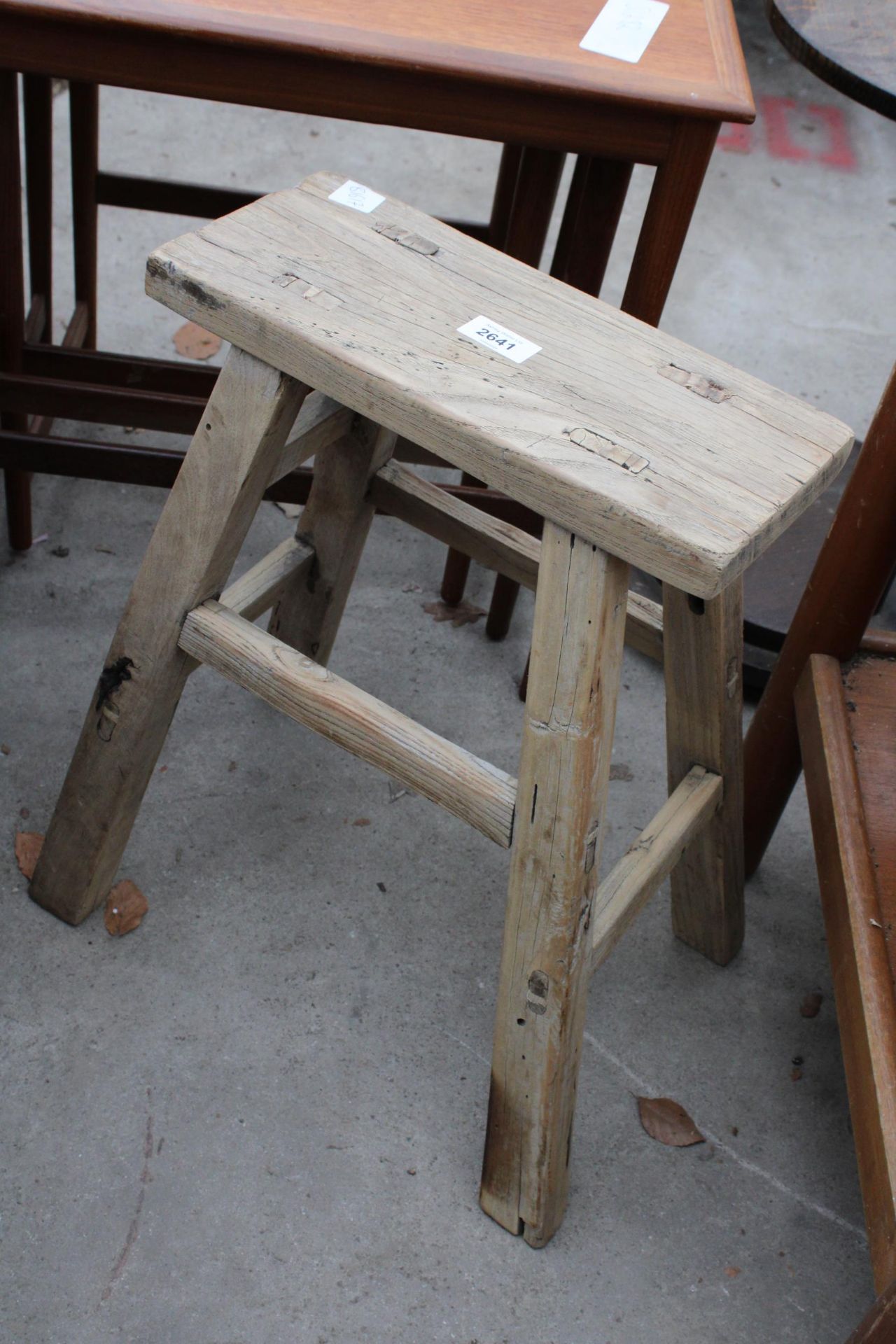 A SMALL BEECH VICTORIAN STOOL, 13" X 6"