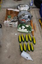 AN ASSORTMENT OF ITEMS TO INCLUDE GLASS CORN ON THE COBS, FLAT WARE AND A JAM PAN ETC