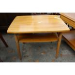 A RETRO HARDWOOD TWO TIER COFFEE TABLE 27.5" X 22" BEARING JAROCINSKA FABRYKA MELI LABEL