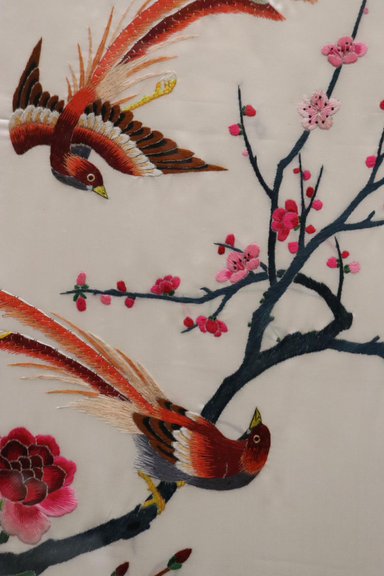 AN ORIENTAL EMBROIDERY ON SILK OF BIRDS IN A CHERRY TREE - Image 3 of 5