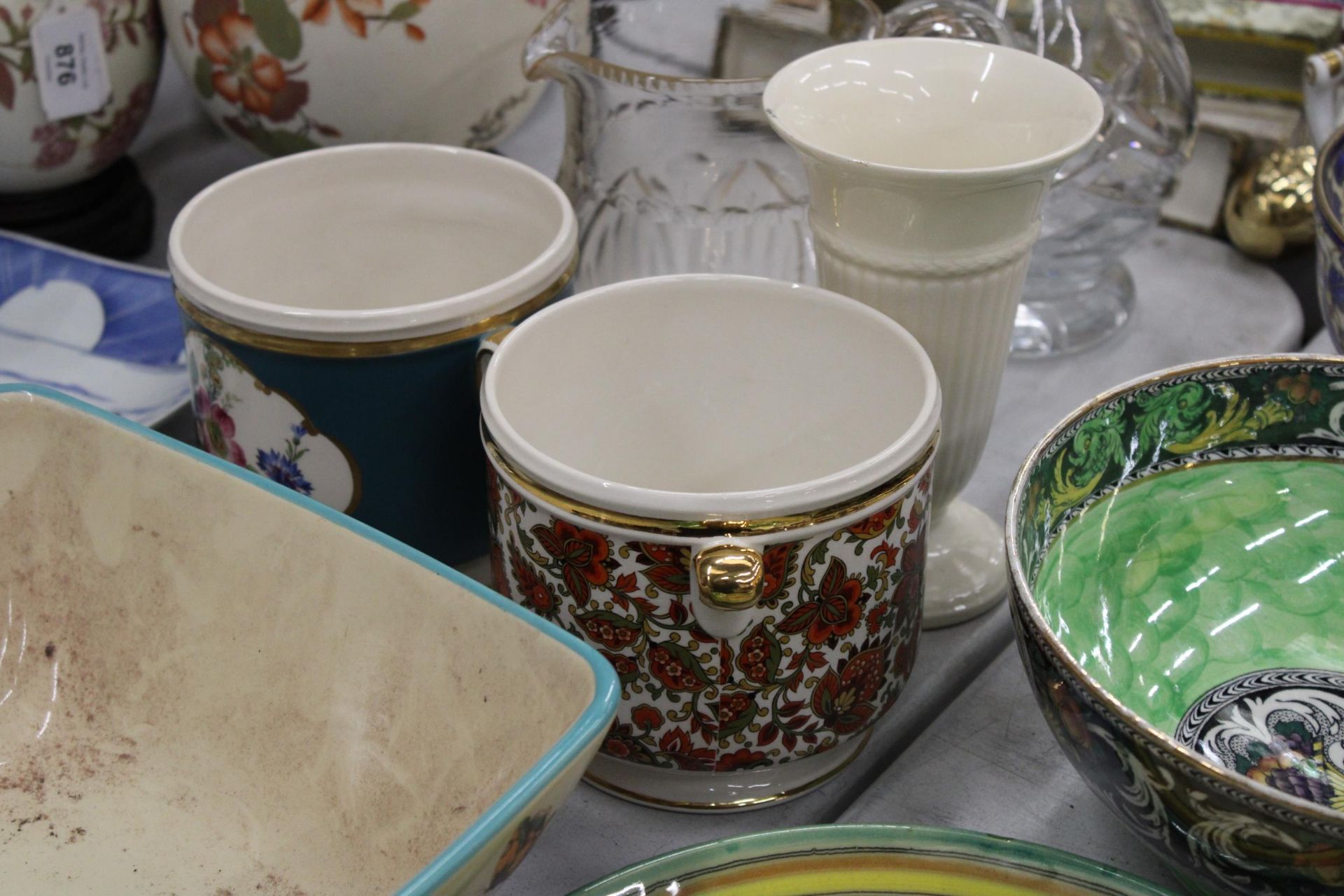 TWO CROWN DEVON PLANT HOLDERS, A LARGE FLORAL AND BIRD DECORATED BOWL, WEDGWOOD VASE, GLASS DECANTER - Image 3 of 6