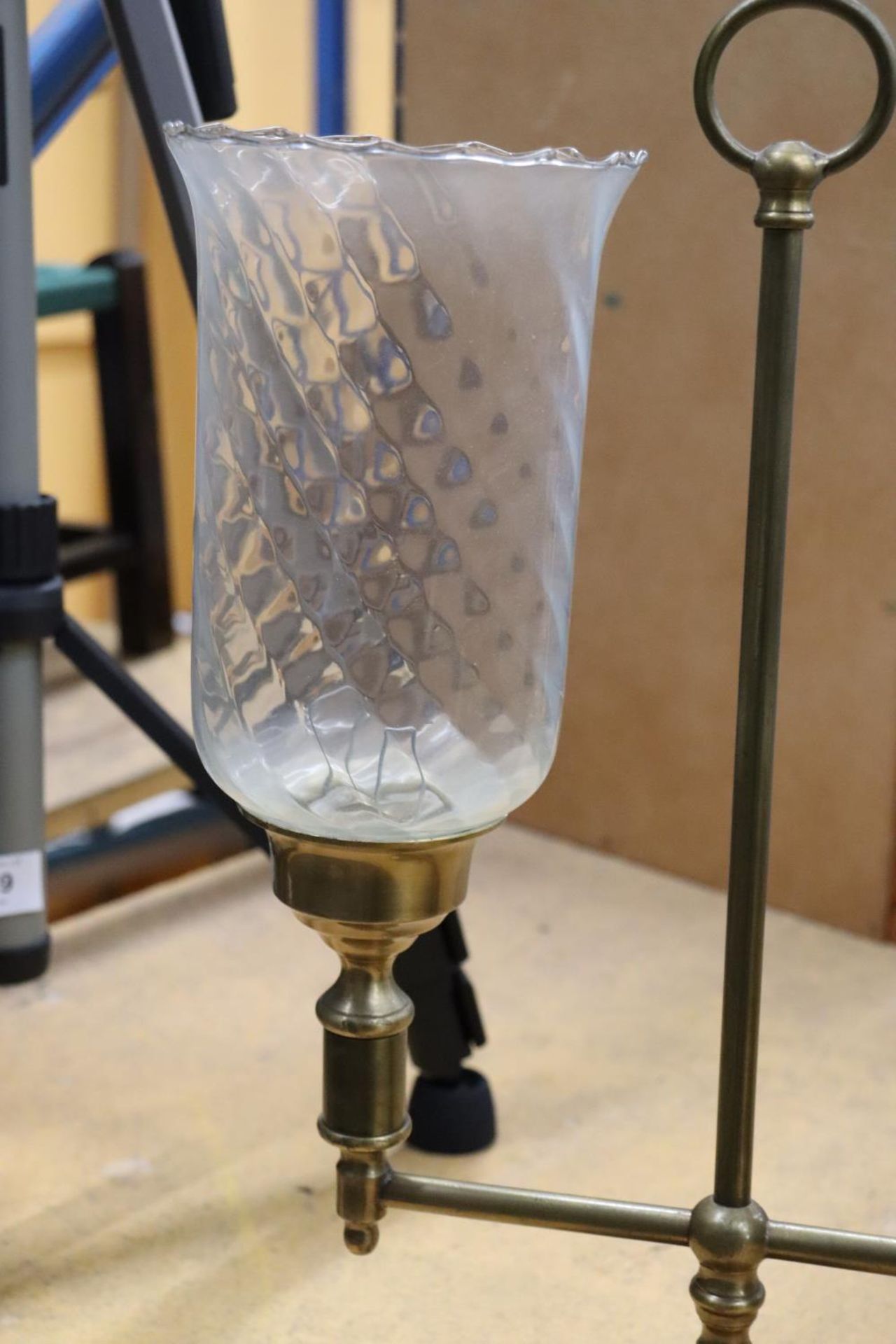 A BRASS TWO-ARM STUDENT CANDLE LAMP WITH HURRICANE SHADES - Image 3 of 5