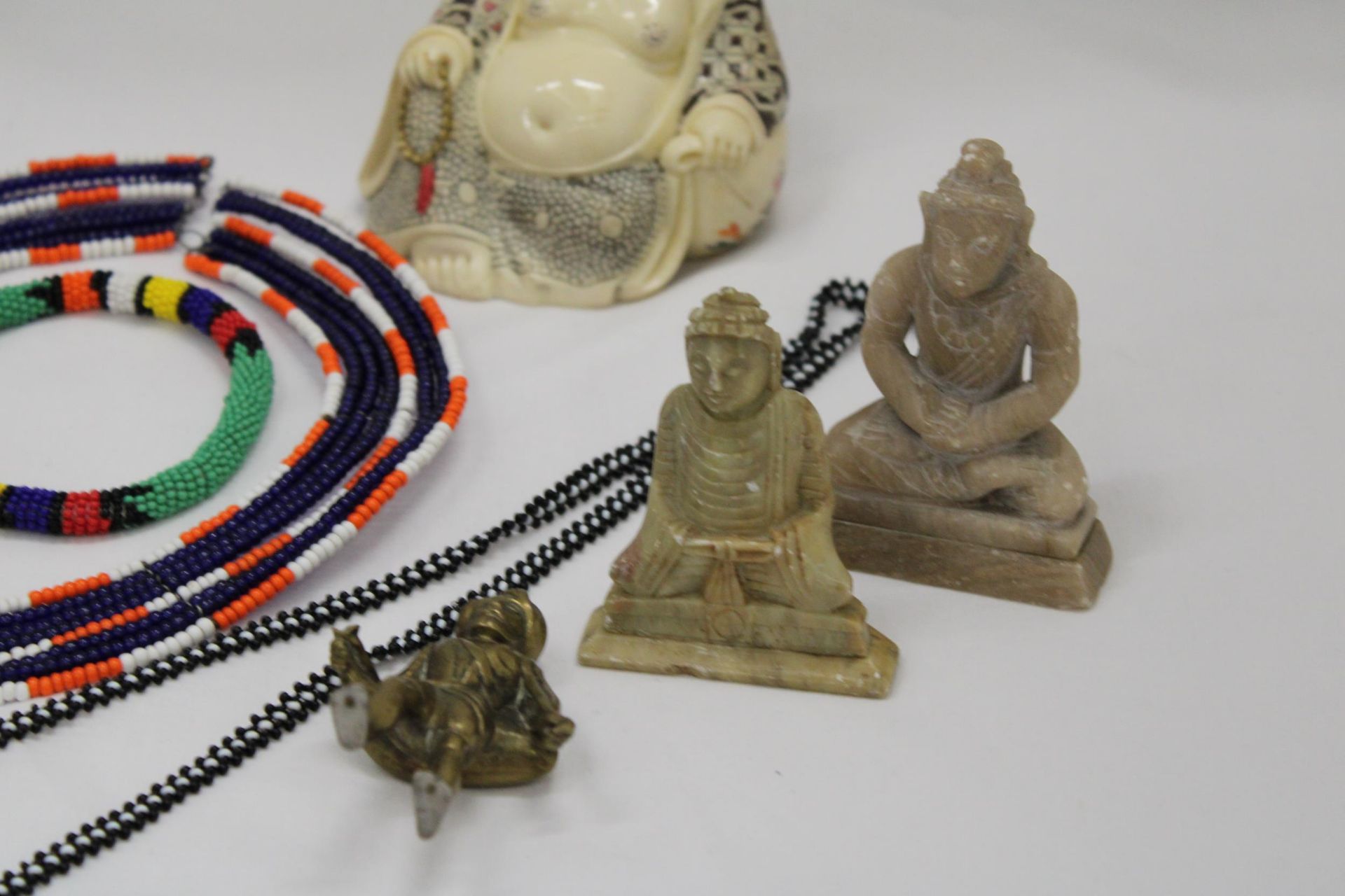 THREE BUDDAHS PLUS AFRICAN BEADED ITEMS - Image 3 of 6