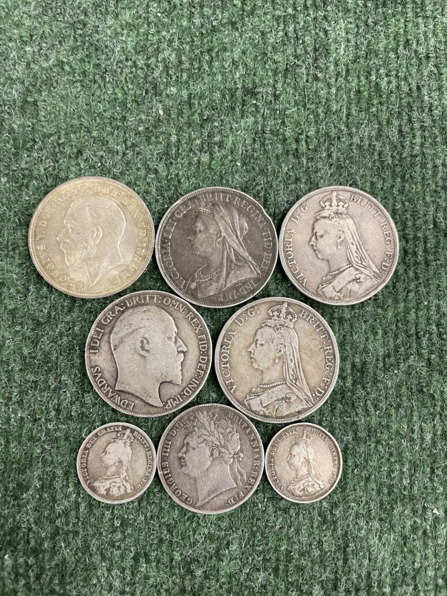 FIVE SILVER CROWNS , 1889, 90, 96, 1902 AND 1935, AN 1823 HALF CROWN AND TWO 1887 SHILLINGS - Image 2 of 2