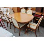 A RETRO TEAK SUTCLIFFE FURNITURE EXTENDING DINING TABLE, 56" X 40" (LEAF 21") AND SIX CHAIRS, TWO