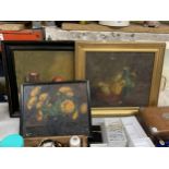 THREE STILL LIFE OIL PAINTINGS, ONE OF SUNFLOWERS, TWO OF FRUIT, FRAMED