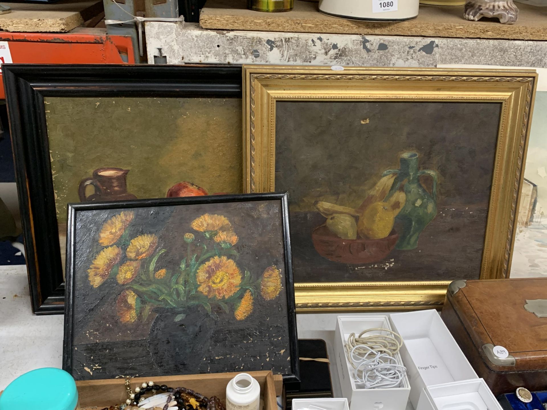 THREE STILL LIFE OIL PAINTINGS, ONE OF SUNFLOWERS, TWO OF FRUIT, FRAMED