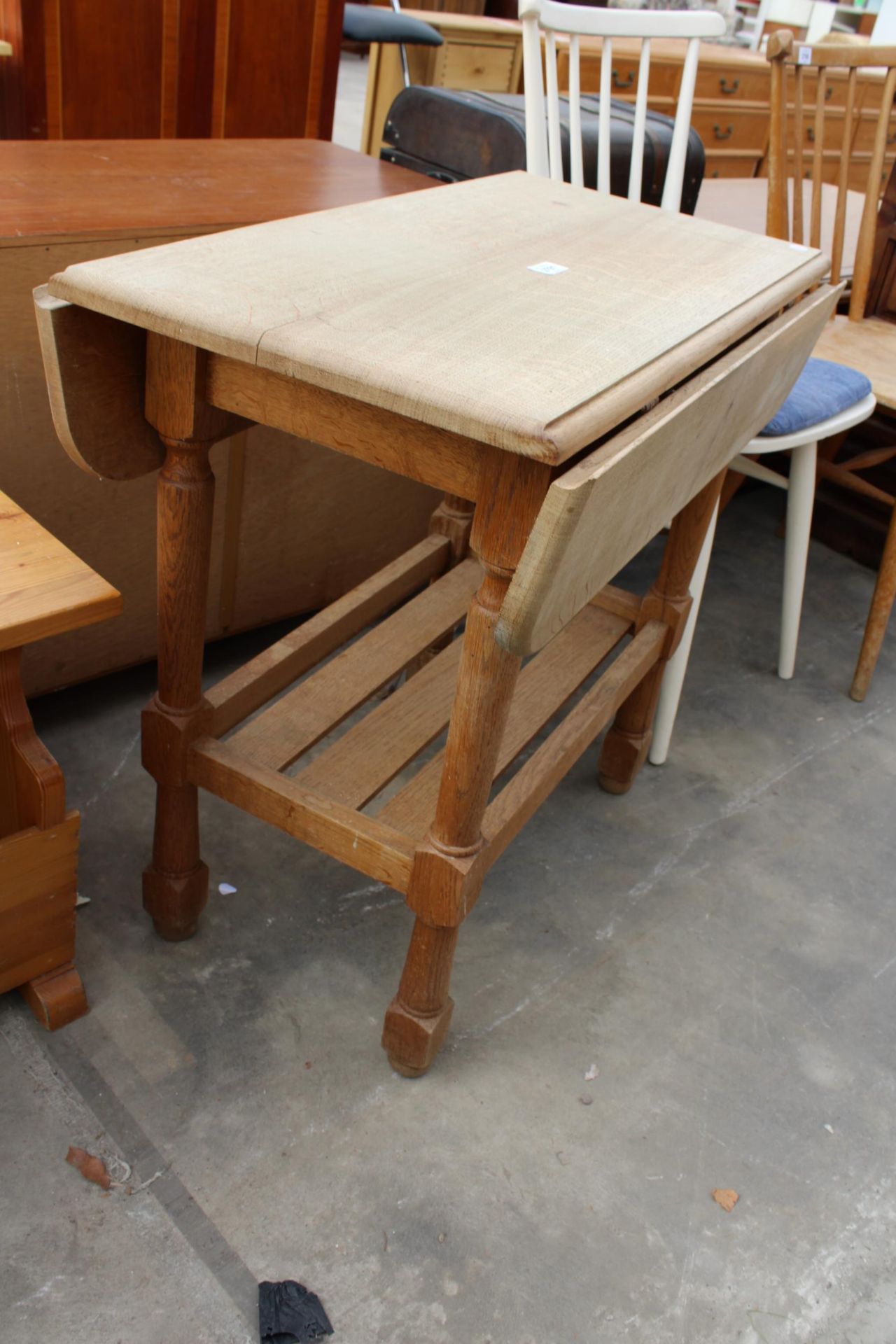 AN OAK DROP-LEAF TWO TIER TABLE AND PINE MAGAZINE RACK/TABLE - Image 2 of 3