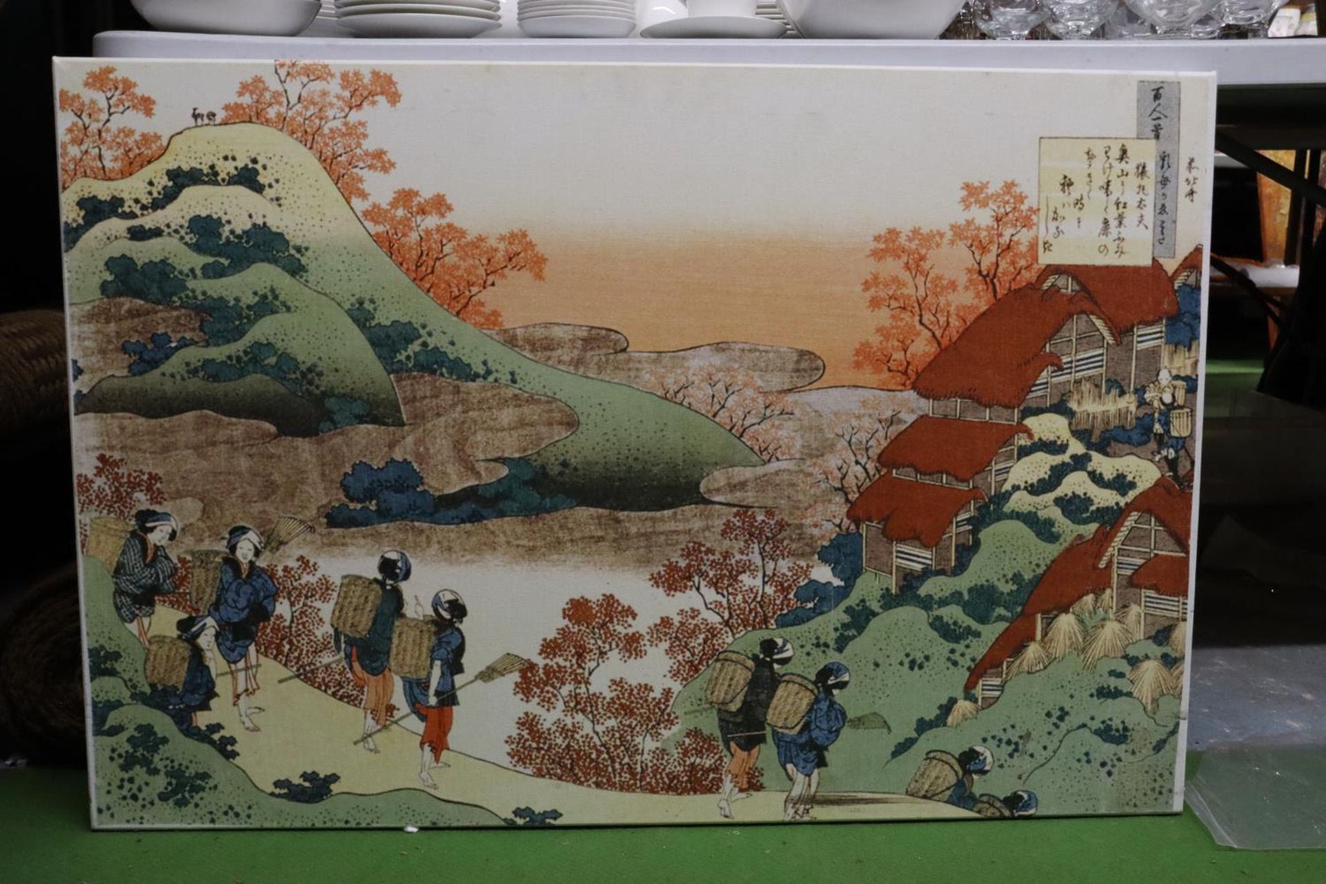 A LARGE BOX FRAMED JAPANESE CANVAS 40" X 27"