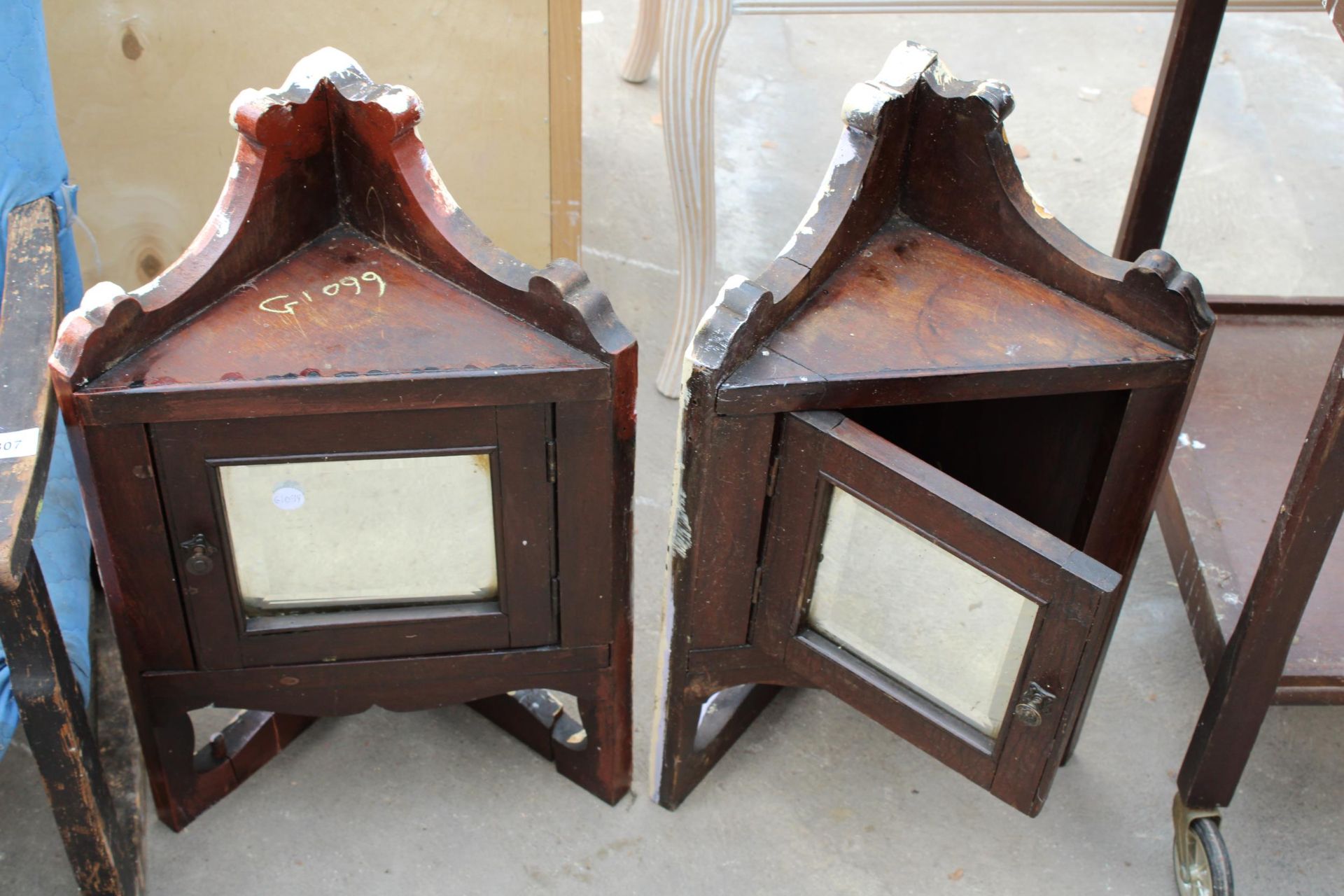 A BUTTER CHURN CARCASS, TWO TIER TROLLEY AND A PAIR OF DRESSING TABLE MIRRORED CORNERS - Image 2 of 4