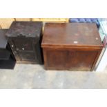 A MID 20TH CENTURY OAK BLANKET CHEST AND SMALL CABINET WITH PANEL DOOR