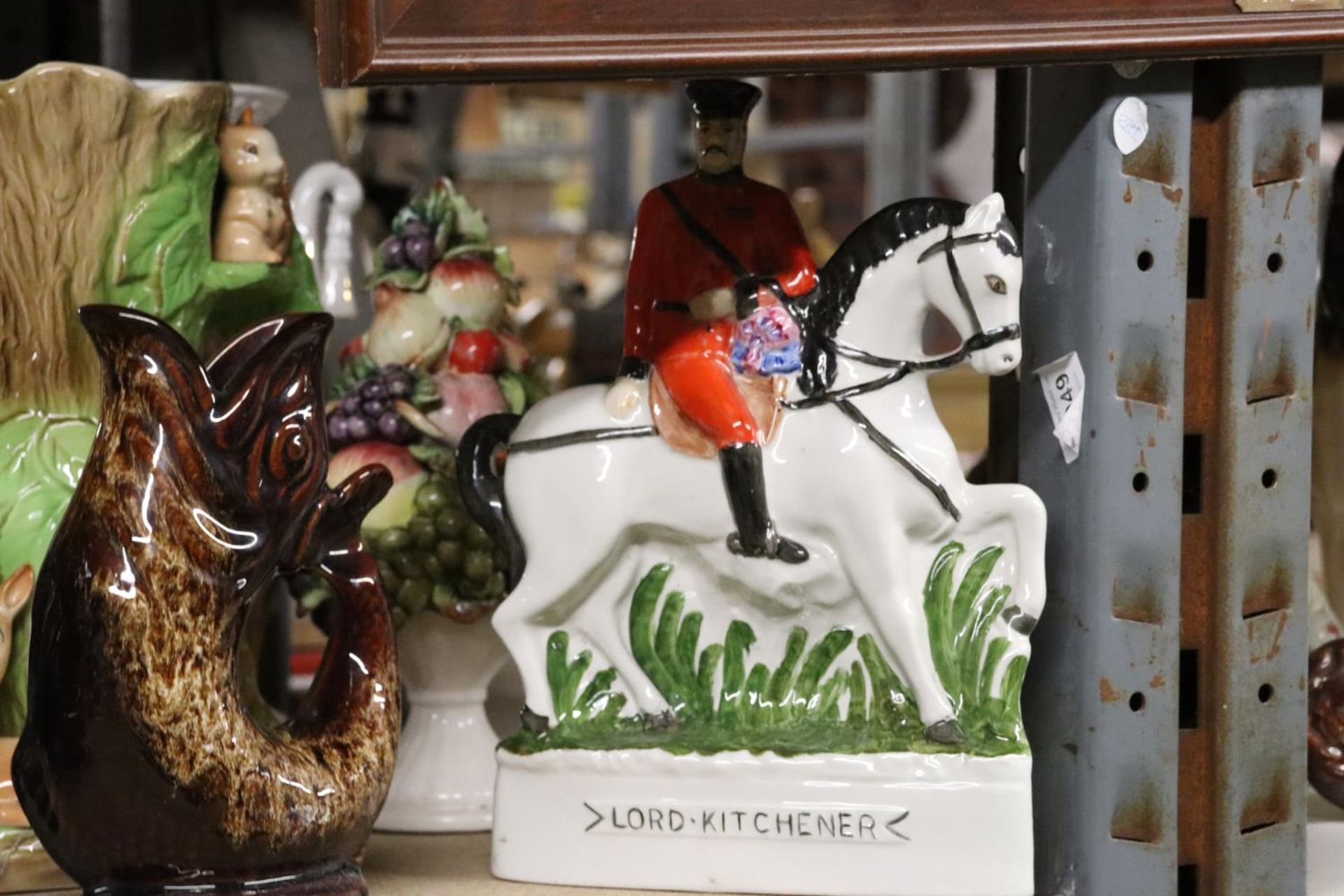 A STAFFORDSHIRE STYLE FLATBACK OF LORD KITCHENER, TWO FISH GLUG JUGS, A PAIR OF CERAMIC FRUIT BOWLS, - Image 3 of 6