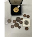 THRIETEEN VARIOUS COINS TO INCLUDE SIX FARTHINGS 1823 - 1854, AN 1844 HALF FARTHING, A 1913 THIRD