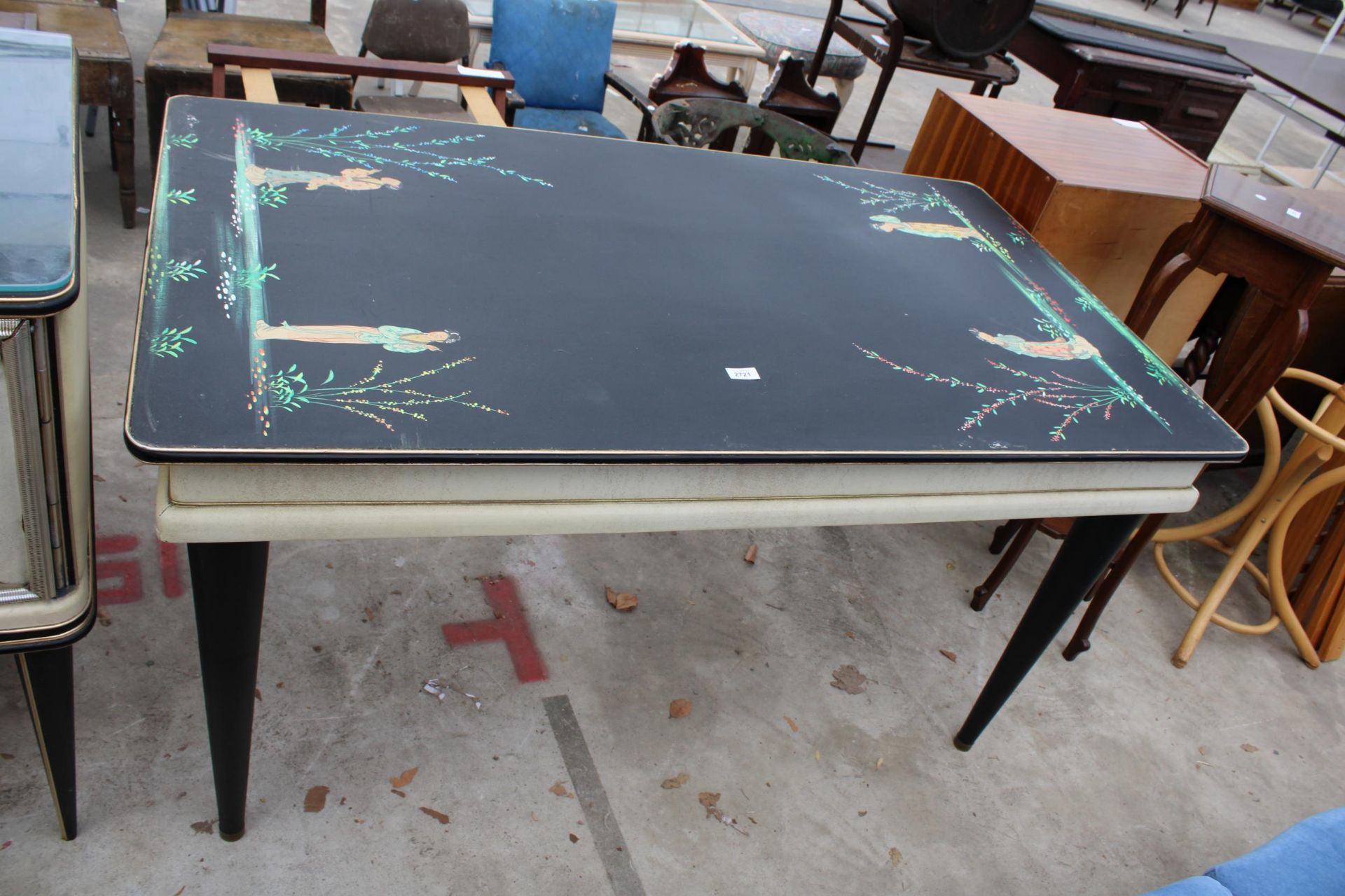 A 1960'S ITALIAN DINING TABLE ON BLACK TAPERING LEGS, THE TOP FEATURING CHINOISERIE DECORATION IN