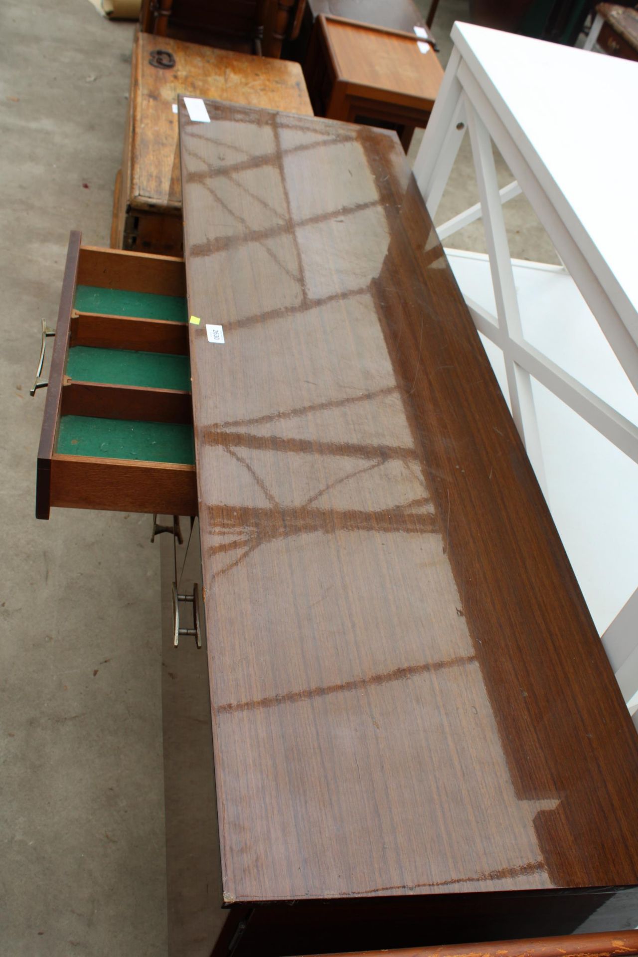 A RETRO SCHREIBER SIDEBOARD ENCLOSING THREE DRAWERS AND TWO CUPBOARDS, 59" WIDE - Image 3 of 3