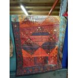 A RED AND TURQUOISE TAPESTRY, 98CM X 144CM