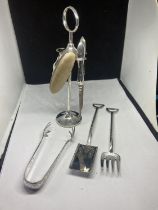 VARIOUS HALLMARKED SILVER ITEMS TO INCLUDE A BIRMINGHAM MANICURE SET AND TONGS AND A SILVER PLATED