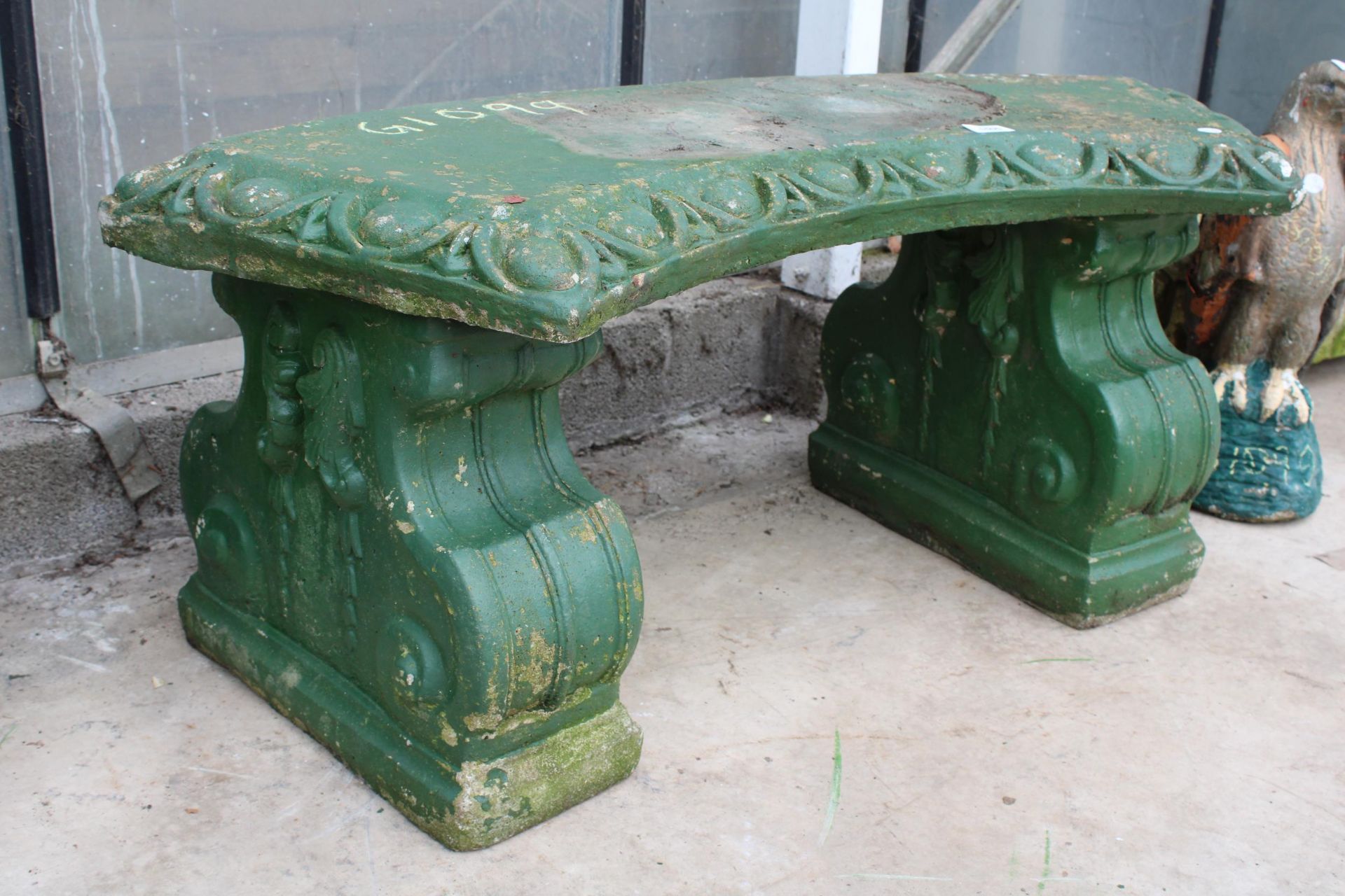 A GREEN PAINTED CONCRETE GARDEN BENCH WITH PEDESTAL BASE - Image 2 of 2