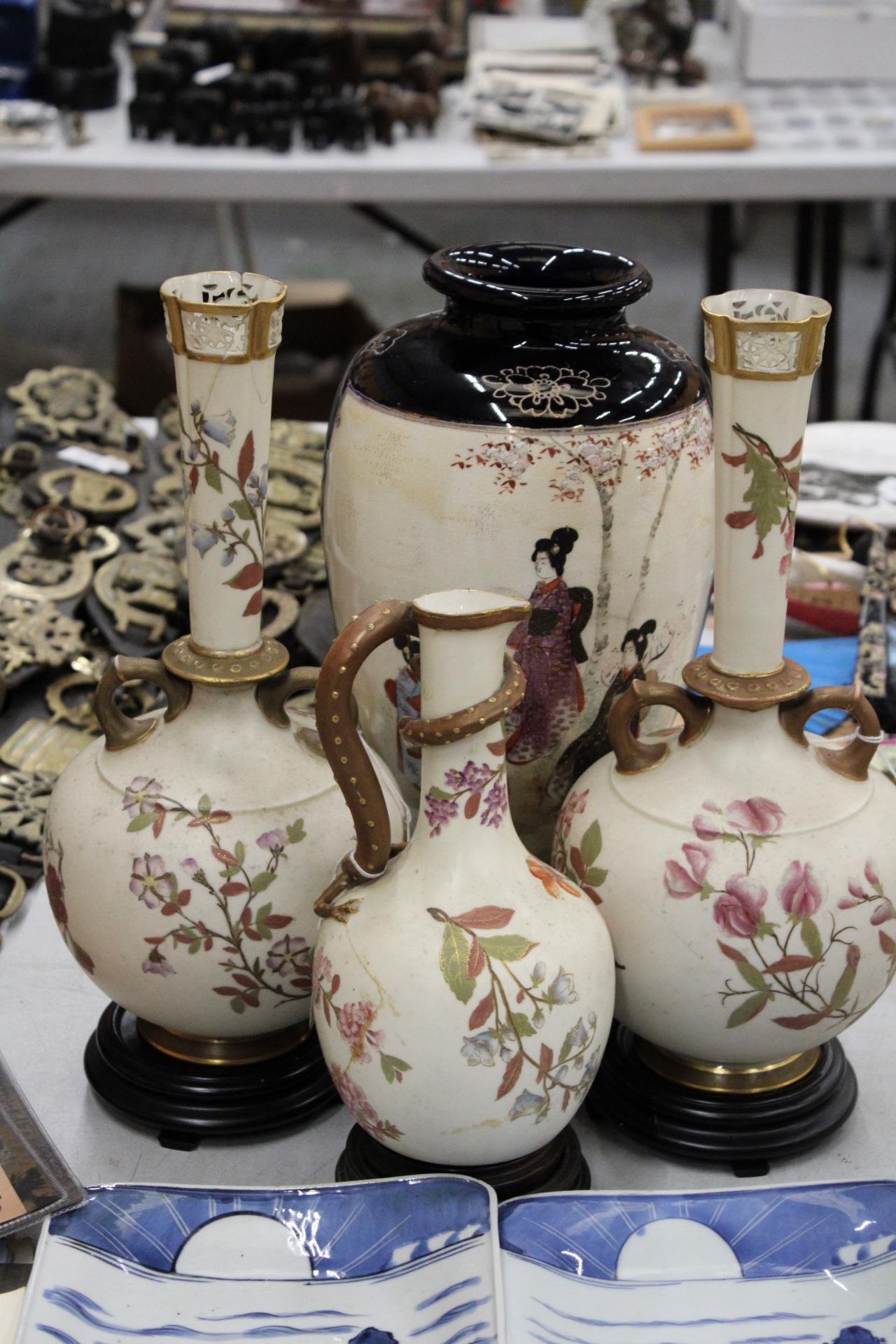THREE PIECES OF ROYAL WORCESTER, BLUSH IVORY VASES, ONE WITH LIZARD HANDLE - ALL A/F, PLUS A LARGE