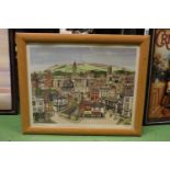 A LIMITED EDITION, 155/750, FRAMED PRINT OF BOLTON TOWN CENTRE, SIGNED 'STUART', 57CM X 47CM
