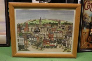 A LIMITED EDITION, 155/750, FRAMED PRINT OF BOLTON TOWN CENTRE, SIGNED 'STUART', 57CM X 47CM
