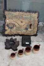 AN ASSORTMENT OF ITEMS TO INCLUDE A WOODEN MAP, A WOODEN BOX AND FOUR GRADUATED STONEWARE JUGS ETC