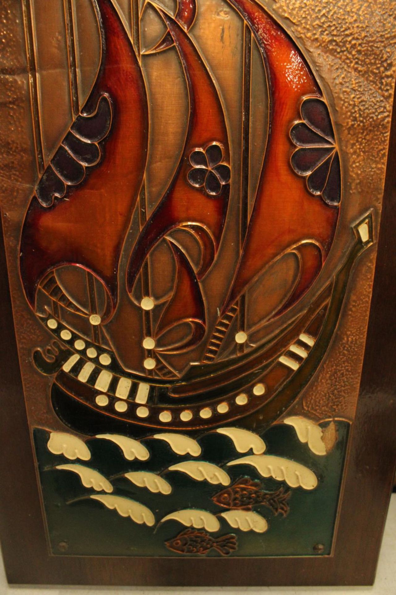 A COPPER AND ENAMELLED ART NOUVEAU GALLEON ON A HARDWOOD BACKBOARD 28" X 15" - Bild 3 aus 3