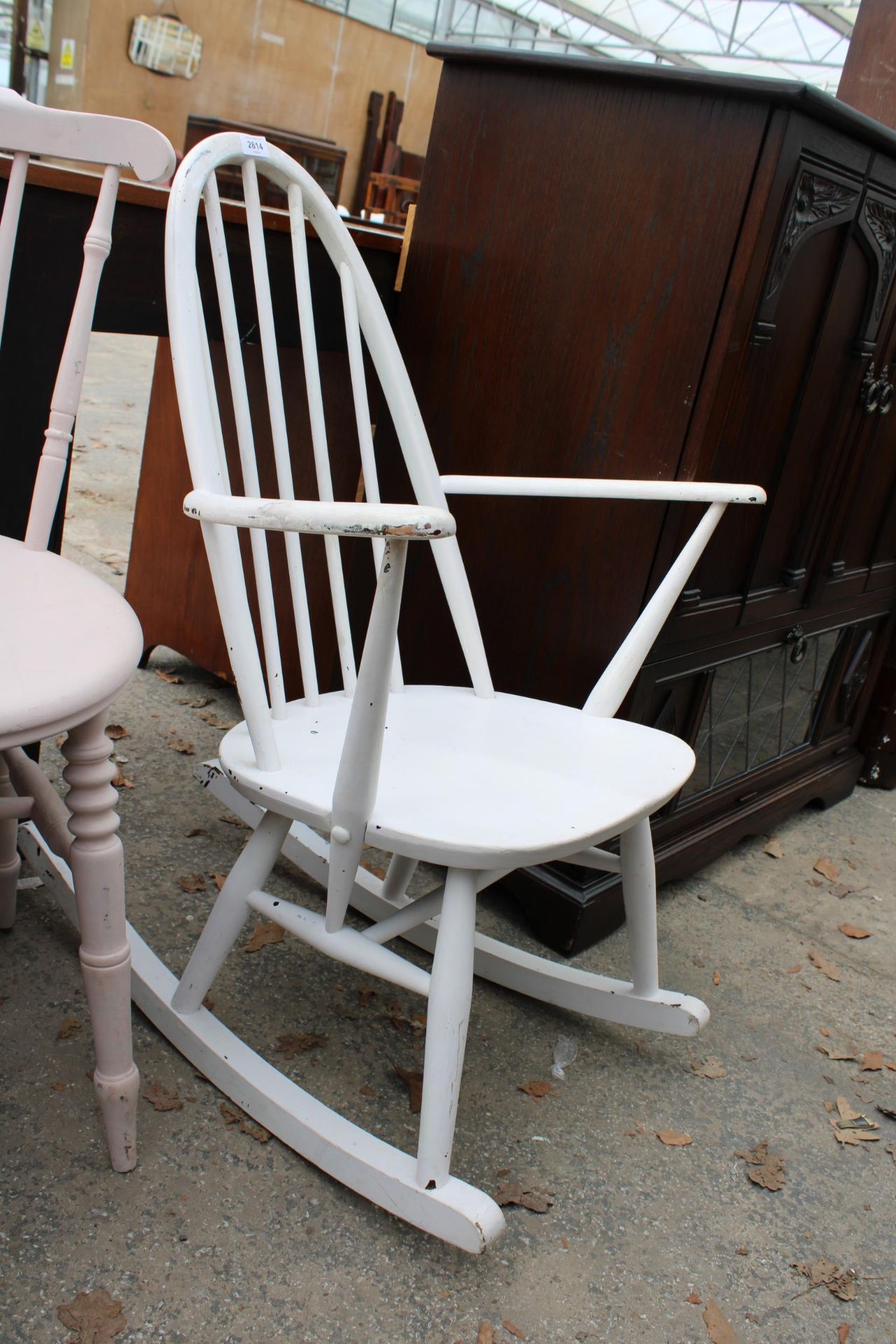 A PAINTED VICTORIAN KITCHEN CHAIR AND A PAINTED ERCOL STYLE ROCKING CHAIR - Image 2 of 3